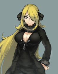 Rule 34 | 1girl, absurdres, arm at side, black coat, blonde hair, breasts, brown eyes, cleavage, closed mouth, coat, creatures (company), cynthia (pokemon), fur collar, fur trim, game freak, hair ornament, hair over one eye, hand on own hip, highres, large breasts, long hair, long sleeves, looking at viewer, matinmorgen, nintendo, pokemon, pokemon dppt, smile, solo, standing, upper body, very long hair