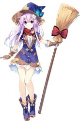 Rule 34 | 10s, 1girl, boots, broom, dress, four goddesses online: cyber dimension neptune, full body, gloves, hair ornament, hat, highres, holding, long hair, looking at viewer, nepgear, neptune (series), official art, purple eyes, purple hair, ribbon, short dress, short sleeves, smile, solo, standing, straight-on, transparent background, tsunako, witch hat
