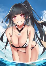 Rule 34 | 1girl, absurdres, aratake, architect (girls&#039; frontline), architect (nvw model) (girls&#039; frontline), bare shoulders, bikini, black bikini, black hair, blue sky, blush, breasts, cleavage, collarbone, girls&#039; frontline, hair ornament, hair scrunchie, highres, leaning forward, long hair, looking at viewer, medium breasts, navel, ocean, official alternate costume, on water, open mouth, parted lips, purple eyes, scrunchie, side ponytail, sky, smile, solo, standing, swimsuit, two-tone bikini, water