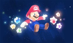 1boy blue_eyes blue_overalls brown_footwear facial_hair hat male_focus mario mario_(series) mustache nintendo overalls red_hat solo space star_(sky) star_bits super_mario_galaxy