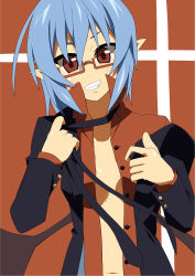 Rule 34 | 1girl, alternate costume, blue hair, fang, glasses, grin, jacket, jacket on shoulders, navel, open clothes, open shirt, pointy ears, red-framed eyewear, red eyes, red shirt, remilia scarlet, shin&#039;ya (nanp), shirt, smile, solo, touhou