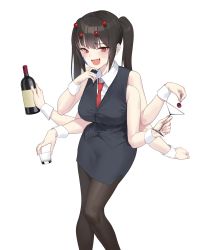 Rule 34 | 1girl, :d, absurdres, arthropod girl, bare shoulders, black hair, black legwear, blush, bottle, breasts, cherry, clenched hand, cocktail glass, cup, drinking glass, extra arms, fang, food, fruit, highres, insect girl, looking at viewer, monster girl, necktie, open mouth, original, pencil skirt, shot glass, simple background, skirt, sleeveless, smile, solo, spider girl, twintails, urrrt, vest, white background, wrist cuffs