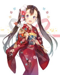Rule 34 | 1girl, :d, arrow (projectile), bell, blush, brown hair, commentary request, ema, floral print, flower, gilse, hair flower, hair ornament, hamaya, japanese clothes, jingle bell, kimono, long hair, long sleeves, looking at viewer, new year, obi, open mouth, original, purple eyes, red kimono, revision, sash, smile, solo, twintails, very long hair, wide sleeves