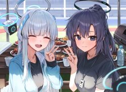 Rule 34 | 2girls, absurdres, black shirt, blue archive, blue jacket, bottle, closed eyes, closed mouth, cup, drone, facing viewer, fingernails, food, gnns, grey hair, halo, highres, id card, jacket, long hair, looking at viewer, mechanical halo, multiple girls, noa (blue archive), official alternate costume, open clothes, open jacket, open mouth, purple eyes, purple hair, shirt, short sleeves, smile, steak, v, water bottle, yuuka (blue archive), yuuka (track) (blue archive)