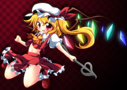 Rule 34 | 1girl, absurdres, ascot, blonde hair, checkered background, embodiment of scarlet devil, fang, female focus, flandre scarlet, full body, geo (yukishitadou), gradient background, hat, hat ribbon, highres, laevatein, midriff, navel, red eyes, ribbon, side ponytail, solo, touhou, weapon, wings