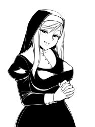 Rule 34 | 1girl, breasts, commentary, english commentary, greyscale, habit, half-closed eyes, high contrast, inktober, juliet sleeves, large breasts, long hair, long sleeves, looking at viewer, monochrome, monorus, nun, original, own hands clasped, own hands together, parted lips, puffy sleeves, simple background, smile, solo, traditional nun