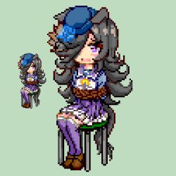 Rule 34 | 1girl, black hair, blouse, blue flower, blue headwear, blue rose, blue shirt, bound, brown footwear, commentary request, flower, frilled skirt, frills, green background, hair over one eye, hat, hat flower, keykey117117, long hair, lowres, open mouth, over-kneehighs, pixel art, pleated skirt, puffy short sleeves, puffy sleeves, purple eyes, purple shirt, purple skirt, purple thighhighs, rice shower (umamusume), rope, rose, school uniform, shirt, shoes, short sleeves, simple background, sitting, skirt, stool, thighhighs, tied up (nonsexual), tilted headwear, tracen school uniform, umamusume, very long hair, zoom layer