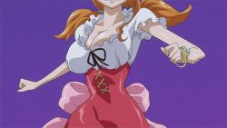 Rule 34 | 1girl, animated, animated gif, bouncing breasts, bracelet, breasts, cleavage, dirndl, dress, female focus, frills, german clothes, head out of frame, jewelry, large breasts, long hair, nami (one piece), nami (one piece) (whole cake island), one piece, open mouth, orange hair, purple background, running, simple background, solo, teeth, upper body