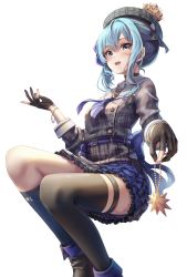 Rule 34 | 1girl, absurdres, ascot, belt, beret, black gloves, black thighhighs, blue belt, blue eyes, blue hair, blush, bracelet, choker, commentary, crown, dress, english commentary, feet out of frame, frills, gloves, hat, highres, holding, holding jewelry, hololive, hoshimachi suisei, hoshimachi suisei (1st costume), invisible chair, jewelry, kaiwa, long hair, mini crown, open mouth, partially fingerless gloves, plaid, plaid dress, plaid headwear, side ponytail, sidelocks, simple background, single thighhigh, sitting, sky, solo, star (symbol), star in eye, symbol in eye, thigh strap, thighhighs, virtual youtuber, white background