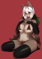 Rule 34 | 1girl, bra, breasts, buried frog, female focus, full body, furry, furry female, green eyes, green hair, highres, long hair, matching hair/eyes, multicolored hair, open mouth, panties, simple background, solo, thighhighs, two-tone hair, underwear, white hair, wolf