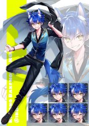 Rule 34 | 1boy, absurdres, animal ears, blue hair, boots, character sheet, collared shirt, ear piercing, earrings, expression chart, full body, highres, ikurikaito, jacket, jewelry, long sleeves, male focus, multicolored hair, orange eyes, original, piercing, shirt, short hair, solo, tail, vest, watch, white hair, wolf boy, wolf ears, wolf tail, wristwatch