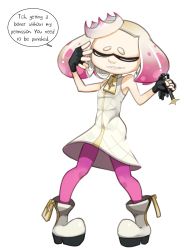 Rule 34 | + +, 1girl, crown, domino mask, dress, english text, closed eyes, fingerless gloves, full body, gloves, highres, mask, mole, mole under mouth, multicolored hair, nintendo, pantyhose, pearl (splatoon), pink hair, pink pantyhose, polyle, simple background, sleeveless, smile, solo, speech bubble, splatoon (series), splatoon 2, text focus, two-tone hair, white background, white hair, yellow eyes, zipper