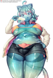 Rule 34 | 1girl, ahoge, animal ears, bikini, black shorts, blue skin, breasts, breasts apart, bulge, cat ears, cat tail, colored skin, cowboy shot, food, from below, futanari, hand on own hip, large breasts, licking lips, monster girl, original, penis in swimsuit, pink bikini, popsicle, see-through body, shorts, simple background, slime girl, solo, swimsuit, tail, tongue, tongue out, white background, yana (nekoarashi)