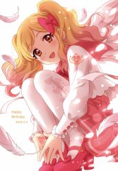 Rule 34 | 1girl, :d, aikatsu!, aikatsu! (series), blonde hair, blush, bow, dated, english text, feathered wings, feathers, gradient hair, hair bow, happy birthday, high heels, highres, long hair, long sleeves, looking at viewer, miniskirt, multicolored hair, nijino yume, open mouth, pantyhose, pink hair, pink skirt, red bow, red eyes, red footwear, sekina, shoes, skirt, smile, solo, steepled fingers, twintails, white background, white pantyhose, white wings, wings