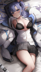 Rule 34 | 1girl, absurdres, arm up, armpits, black bra, blue archive, blue hair, blush, bra, breasts, commentary request, embroidered bra, frilled bra, frills, hair ornament, halo, highres, jacket, long hair, looking at viewer, lying, mechanical halo, medium breasts, on back, school uniform, shiranui (nisioisin sinob), solo, thighs, unbuttoned, unbuttoned shirt, underwear, unworn hair ornament, yuuka (blue archive)