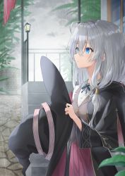 Rule 34 | 1girl, ahoge, black coat, blazer, blue eyes, blurry, blurry background, blurry foreground, bow, bowtie, coat, collared shirt, elaina (majo no tabitabi), from side, grey hair, hair between eyes, hair strand, hands up, hat, highres, holding, holding clothes, holding hat, jacket, kanaria hisagi, lamppost, long hair, long sleeves, majo no tabitabi, off shoulder, parted lips, railing, rain, shirt, sidelocks, solo, stairs, standing, unworn hat, unworn headwear, upper body, white shirt, witch hat