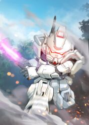 Rule 34 | absurdres, beam saber, blue sky, charging forward, cloud, deformed, dust cloud, embers, glowing, glowing eyes, gundam, gundam 08th ms team, gundam ez8, highres, holding, holding sword, holding weapon, looking at viewer, mecha, mobile suit, motion blur, no humans, outdoors, radio antenna, red eyes, robot, science fiction, sd gundam, sky, solo, sword, tree, weapon, zakuma