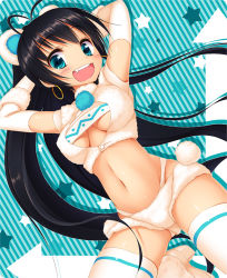 Rule 34 | 1girl, :d, alternate costume, arms behind head, bad id, bad pixiv id, black hair, blue eyes, blush, breasts, cleavage, cleavage cutout, clothing cutout, crop top, earrings, elbow gloves, ganaha hibiki, gloves, high heels, idolmaster, idolmaster (classic), jewelry, long hair, looking at viewer, navel, open mouth, panties, pilky, shiny skin, shoes, short shorts, shorts, smile, solo, star (symbol), teeth, thighhighs, underwear, very long hair, white thighhighs