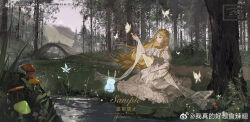 Rule 34 | 1girl, akihare, bare shoulders, blonde hair, bug, butterfly, chinese commentary, circlet, closed mouth, cloud, cloudy sky, commentary request, dress, forest, frilled dress, frills, full body, gold necklace, grass, green eyes, hand on lap, highres, insect, jewelry, kneeling, long dress, long hair, mushroom, nature, necklace, nintendo, off-shoulder dress, off shoulder, outdoors, outstretched arm, path, pointy ears, princess zelda, puffy short sleeves, puffy sleeves, ribbon-trimmed dress, road, sample watermark, shawl, short sleeves, sky, smile, solo, stream, the legend of zelda, the legend of zelda: breath of the wild, very long hair, watermark, weibo logo, weibo watermark, white butterfly, white dress, white shawl, white sleeves