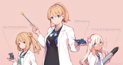Rule 34 | 3girls, alternate costume, blonde hair, blue eyes, blush, breasts, brown eyes, brown hair, commentary request, double bun, flower, hair bun, hair flower, hair ornament, highres, intrepid (kancolle), kantai collection, lab coat, large breasts, light brown hair, long hair, long sleeves, looking at viewer, michishio (kancolle), multiple girls, nakaaki masashi, neckerchief, ponytail, ro-500 (kancolle), school uniform, serafuku, short hair, short twintails, simple background, smile, tan, tanline, torpedo, twintails