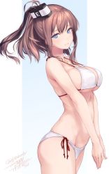 Rule 34 | 10s, 1girl, alternate costume, arched back, ass, bare arms, bare shoulders, bikini, blue eyes, bow, breasts, cleavage, collarbone, dated, from side, hair between eyes, hair bow, kantai collection, large breasts, long hair, looking at viewer, navel, own hands together, rokuwata tomoe, saratoga (kancolle), side-tie bikini bottom, side ponytail, sideboob, signature, smile, solo, swimsuit, thighs, underboob, v arms, white bikini