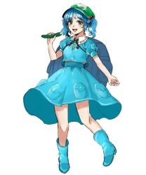 Rule 34 | 1girl, :d, backpack, bag, blue eyes, blue footwear, blue hair, boots, breasts, cucumber, food, fruit, full body, hair bobbles, hair ornament, hat, highres, holding, holding food, holding fruit, kawashiro nitori, key, kuya (hey36253625), looking at viewer, medium breasts, medium hair, open mouth, rubber boots, skirt, smile, solo, touhou, two side up