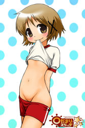 Rule 34 | 1girl, blush, brown eyes, brown hair, clothes lift, clothes pull, copyright name, flat chest, groin, gym shorts, gym uniform, hair ornament, hidamari sketch, izu, lifted by self, looking at viewer, mouth hold, navel, no panties, polka dot, polka dot background, shirt lift, short hair, shorts, shorts pull, simple background, smile, solo, stomach, tagme, x hair ornament, yuno (hidamari sketch)