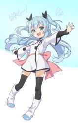 Rule 34 | 1girl, :d, black thighhighs, blue background, blue hair, boots, dress, full body, hair ribbon, jigatei (omijin), layered sleeves, long hair, long sleeves, noel (sora no method), open mouth, outstretched arms, ribbon, sash, short dress, short over long sleeves, short sleeves, smile, sora no method, spread arms, thighhighs, two side up, very long hair, white background, zettai ryouiki