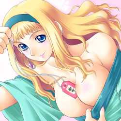 Rule 34 | 00s, 1girl, between breasts, blonde hair, blue eyes, breasts, cleavage, clothes pull, dutch angle, earrings, hairband, jewelry, large breasts, long hair, macross, macross frontier, sheryl nome, shirt pull, solo, yaso shigeru