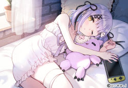 Rule 34 | 1girl, bandaged leg, bandages, bare arms, bare shoulders, blush, collarbone, commentary request, curtains, day, dress, frilled dress, frilled pillow, frills, hair ornament, hairclip, handheld game console, heart, indoors, lying, nishizawa, on bed, on side, one eye closed, parted lips, pillow, plant, potted plant, purple hair, shinomiya runa, sleeveless, sleeveless dress, solo, stuffed animal, stuffed cat, stuffed toy, sunlight, tears, transparent, virtual youtuber, vspo!, white dress, window, x hair ornament, yellow eyes
