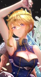 Rule 34 | 1girl, absurdres, arm up, armpits, artoria pendragon (fate), artoria pendragon (lancer) (fate), bare shoulders, black background, blonde hair, blue leotard, blush, braid, braided bun, breasts, cape, cleavage, cleavage cutout, closed mouth, clothing cutout, crown, expressionless, eyelashes, fate/grand order, fate (series), fur-trimmed cape, fur trim, gold trim, hair between eyes, hair bun, hanahashi bagara, heattech leotard, highres, holding, holding polearm, holding weapon, lance, large breasts, leotard, looking at viewer, polearm, purple eyes, red cape, rhongomyniad (fate), sidelocks, single braid, sleeveless, sleeveless turtleneck leotard, solo, swept bangs, turtleneck, upper body, weapon