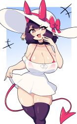Rule 34 | 1girl, :3, absurdres, bikini, black choker, black outline, blue background, breasts, choker, cleavage, clothes lift, daigada, demon tail, dress, dress lift, ear piercing, gradient background, hair between eyes, hand on own face, hat, hat ribbon, heart, heart-shaped pupils, highres, horns, horns through headwear, huge breasts, jewelry, looking to the side, off-shoulder dress, off shoulder, oni, oni horns, open mouth, original, outline, piercing, pink bikini, pink eyes, pink horns, pink ribbon, pink tail, pointy ears, purple hair, purple thighhighs, ribbon, see-through, see-through dress, selene (daigada), sexually suggestive, shiny skin, sidelocks, skirt, skirt lift, smile, smug, solo, sun hat, swimsuit, symbol-shaped pupils, tail, thick thighs, thighhighs, thighs, white background, white dress, white hat, white outline, white ribbon