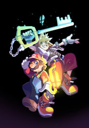 Rule 34 | 2boys, adjusting clothes, adjusting headwear, blue eyes, brown hair, commentary request, dark background, facial hair, fingerless gloves, fire, full body, gloves, glowing, grin, hat, hc2002, highres, keyblade, charm (object), kingdom hearts, long sleeves, looking at viewer, male focus, mario, mario (series), multiple boys, mustache, nintendo, overalls, shorts, smile, sora (kingdom hearts), spiked hair, square enix, super smash bros., super smash bros. logo, white gloves