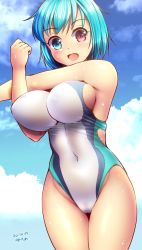 Rule 34 | 1girl, artist name, blue eyes, blue hair, blue sky, breasts, cloud, commentary request, competition swimsuit, covered navel, cross-body stretch, dated, day, heterochromia, highleg, highleg swimsuit, kawatare, large breasts, looking at viewer, one-piece swimsuit, red eyes, short hair, sky, smile, solo, standing, stretching, swimsuit, tatara kogasa, touhou, white one-piece swimsuit