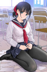 1girl black_footwear black_hair black_pantyhose blue_sailor_collar blue_skirt chair clothes_lift commentary_request desk hair_ribbon highres lifting_own_clothes light_frown loafers long_sleeves mibu_natsuki neckerchief on_floor original panties panties_under_pantyhose pantyhose pantyshot papers pleated_skirt ponytail red_neckerchief red_ribbon ribbon sailor_collar school_chair school_desk school_uniform serafuku shirt shoes sitting skirt skirt_lift solo underwear wariza white_shirt window