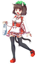 Rule 34 | 1girl, animal ears, bad id, bad pixiv id, bag, black thighhighs, breasts, brown hair, cat ears, cat girl, cat tail, chen, earrings, fang, female focus, full body, hat, jewelry, maid, mizu mochi, multiple tails, red eyes, ribbon, short hair, simple background, solo, tail, thighhighs, touhou, white background, zettai ryouiki