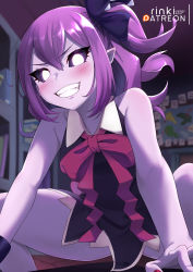 Rule 34 | 1girl, bare arms, bare shoulders, black dress, blurry, blurry background, blush, bow, collared dress, colored skin, commentary request, depth of field, dress, fingerless gloves, gloves, grin, hair between eyes, hair bow, highres, indoors, lo xueming, looking at viewer, musume (yuunama), nail polish, one side up, patreon username, purple bow, purple eyes, purple hair, purple nails, purple skin, red bow, sleeveless, sleeveless dress, smile, solo, spread legs, squatting, v-shaped eyebrows, v yuusha no kuse ni namaiki da r, yuusha no kuse ni namaiki da