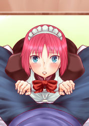 Rule 34 | 00s, 1boy, 1girl, apron, between legs, blue eyes, blush, gradient background, hisui (tsukihime), lips, looking at viewer, maid, maid apron, maid headdress, parted bangs, parted lips, pink hair, pov, sexually suggestive, solo focus, striped, striped background, tohno shiki, tsukihime, urako