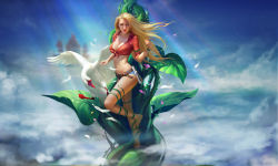 Rule 34 | 1girl, absurdres, animal, barefoot, belt, belt buckle, bird, blonde hair, blue eyes, breasts, buckle, cleavage, cloud, collarbone, covered erect nipples, feathers, flower, goose, hand up, highres, jack and the beanstalk, leaf, li fengyang, long hair, looking at viewer, md5 mismatch, medium breasts, navel, open clothes, outdoors, petals, plaid, plaid shirt, plant, resolution mismatch, restrained, rope, shirt, solo, source smaller, swan, tears, torn clothes, vines, wavy hair