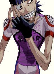 Rule 34 | 1boy, bags under eyes, black eyes, black gloves, blunt bangs, broad shoulders, commentary, commentary request, cowboy shot, cycling uniform, english commentary, fingerless gloves, gloves, grin, hand up, highres, long arms, looking to the side, male focus, midousuji akira, purple hair, purple shirt, shirt, short hair, short sleeves, simple background, skinny, smile, solo, standing, sweat, tada (anuanu134), uneven eyes, very sweaty, white background, yowamushi pedal