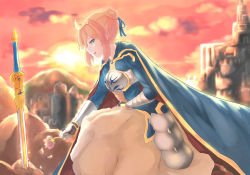 Rule 34 | 1girl, armor, arondight (fate), artoria pendragon (fate), blonde hair, cape, crown, fate/stay night, fate (series), flower, gauntlets, grave, green eyes, highres, planted sword, planted, pleasure mussel, saber (fate), solo, squatting, sword, type-moon, weapon