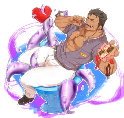 Rule 34 | 1boy, absurdres, bara, beard, box, bulge, chocolate, dagon (housamo), dark-skinned male, dark skin, facial hair, fins, fish boy, full body, gift, gift box, heart-shaped box, highres, incoming gift, konaoji (connersublow), large pectorals, long sideburns, looking at viewer, male focus, mature male, muscular, muscular male, pectoral cleavage, pectorals, short hair, sideburns, sitting, solo, stubble, tentacles, thick thighs, thighs, tokyo houkago summoners, tongue, tongue out, valentine