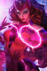 1girl black_bodysuit bodysuit breasts brown_hair clothing_cutout elbow_gloves gloves green_eyes highres leotard long_hair looking_at_viewer magic marvel pantyhose red_gloves red_leotard red_lips scarlet_witch shoulder_cutout solo stanley_lau strapless strapless_leotard wanda_maximoff