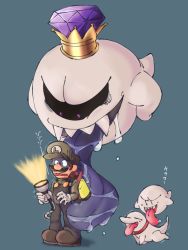 Rule 34 | 1boy, blue background, boo (mario), brown hair, chi nya nya nya, closed eyes, collar, crown, facial hair, fangs, ghost, hat, king boo, licking, long tongue, luigi, luigi&#039;s mansion, luigi&#039;s mansion 3, mario (series), mustache, nintendo, open mouth, poltergust g-00, polterpup, saliva, smile, tongue, wavy mouth