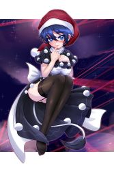 Rule 34 | 1girl, ass, aura, black dress, black thighhighs, blue eyes, blue hair, blush, border, breasts, capelet, cloud, colored eyelashes, doremy sweet, dress, finger to mouth, garter straps, grid, hair between eyes, hand on own chest, hat, highres, lace, lace legwear, letterboxed, looking at viewer, medium breasts, nightcap, no shoes, open clothes, open dress, outline, outside border, pom pom (clothes), shiny clothes, shiny skin, short hair, sideways glance, sky, smile, solo, star (sky), starry sky, tail, tapir tail, taut clothes, taut dress, thighhighs, thighs, touhou, turtleneck, welchsbinn, white border, white dress