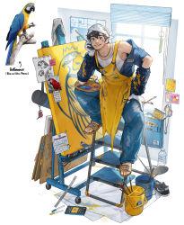 Rule 34 | 1boy, absurdres, apron, bird, black hair, blue pants, blue shirt, bucket, canvas (object), chain necklace, english text, facepaint, gloves, highres, holding, holding paintbrush, jewelry, macaw, male focus, necklace, note, open clothes, open shirt, original, paintbrush, palette (object), pants, parrot, personification, phone, reference inset, rinotuna, ruler, shirt, short hair, sitting, smile, solo, tank top, white gloves, white tank top, yellow apron