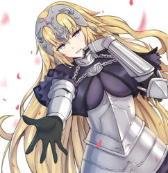 Rule 34 | 1girl, armor, black gloves, blonde hair, blue eyes, breasts, breasts apart, chain, fate/apocrypha, fate (series), floating hair, gloves, head tilt, headpiece, highres, jeanne d&#039;arc (fate), jeanne d&#039;arc (ruler) (fate), large breasts, long hair, looking at viewer, parted lips, petals, solo, very long hair, white background, yunkaiming