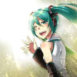 Rule 34 | 1girl, aqua eyes, aqua hair, bare shoulders, black sleeves, caffein, commentary, detached sleeves, from behind, hair ornament, hand up, hatsune miku, headphones, light particles, long hair, looking at viewer, looking back, one eye closed, outstretched hand, shirt, shoulder tattoo, sleeveless, sleeveless shirt, solo, tattoo, twintails, upper body, very long hair, vocaloid, waving, white shirt