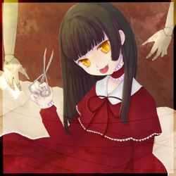 Rule 34 | 1girl, :p, bad id, bad pixiv id, black hair, blood, blunt bangs, doll joints, dress, fang, fatal frame, fatal frame 4, female focus, haibara ayako, hime cut, joints, long hair, scissors, solo, tongue, tongue out, yellow eyes