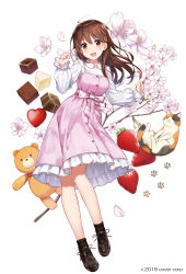 Rule 34 | 1girl, amagai tarou, ankimo (tokino sora), blush, brown eyes, brown footwear, brown hair, cat, cherry blossoms, chocolate, dress, flower, full body, hair flaps, hair ornament, hairclip, heart, highres, hololive, long hair, long sleeves, looking at viewer, official art, open mouth, paw print, petals, pink dress, shirt, shoes, simple background, smile, star (symbol), star hair ornament, stuffed animal, stuffed toy, teddy bear, tokino sora, virtual youtuber, water, white background, white shirt